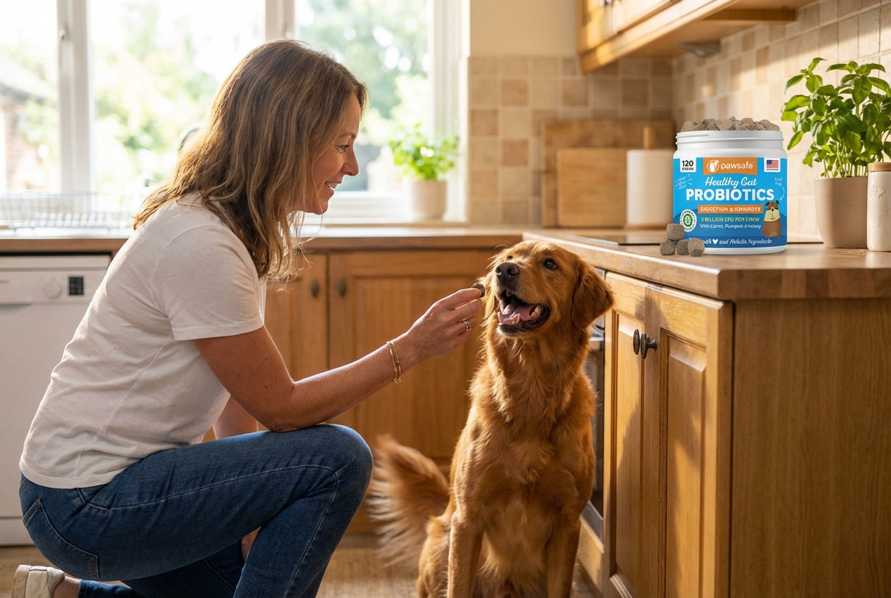 Dog eagerly eating PawSafe Probiotic Soft Chew