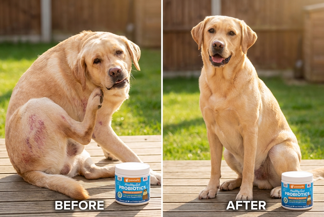 Dog before and after - scratching vs healthy coat
