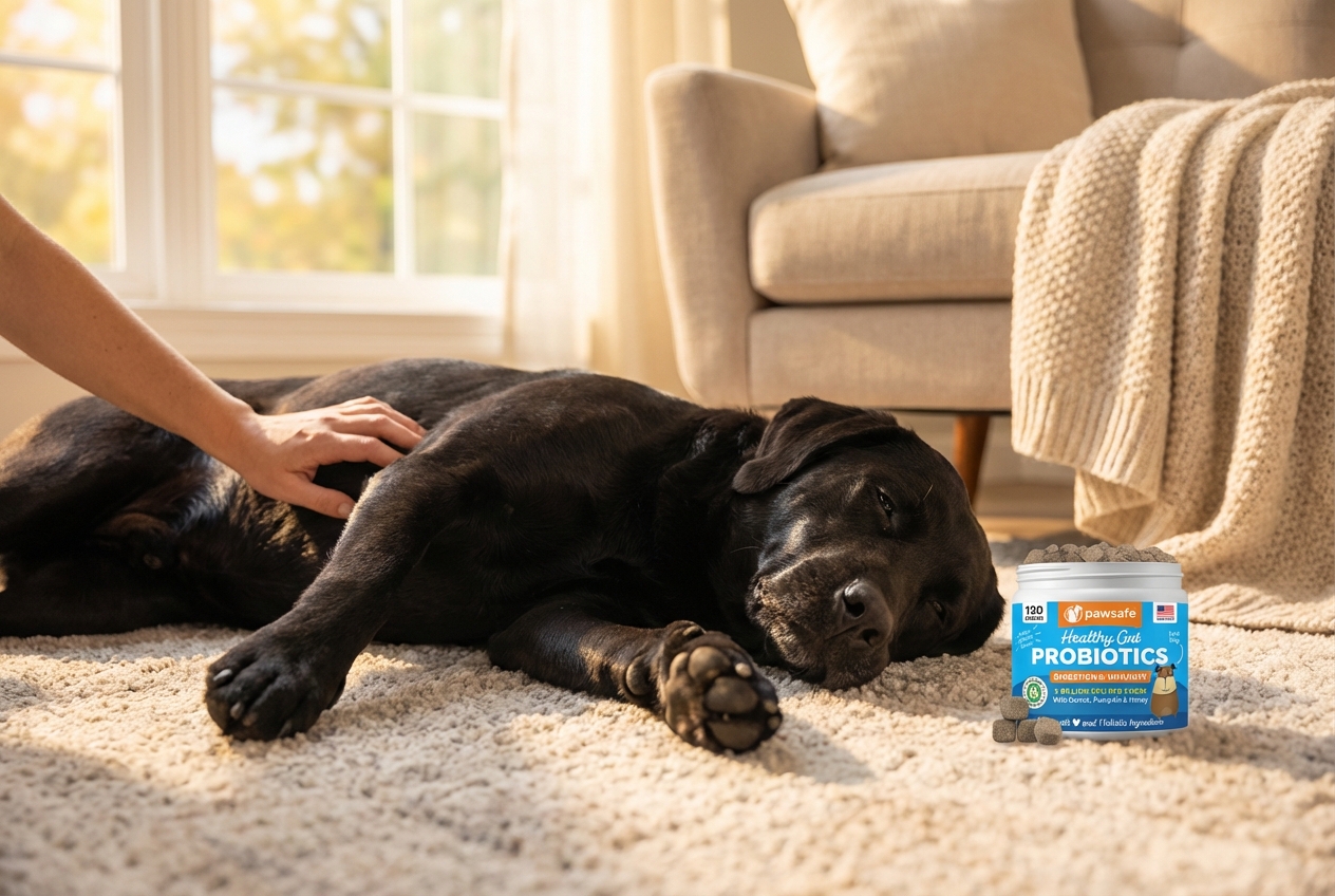 Happy comfortable dog after probiotic treatment