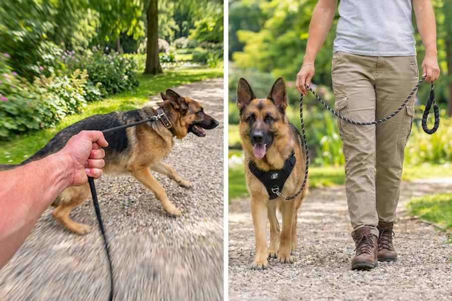 Dog owner walking with harness